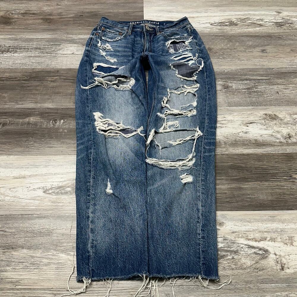 American Eagles Blue Womens 2 Distressed Thrashed‎ 90s Boyfriend Fit Denim Jeans
